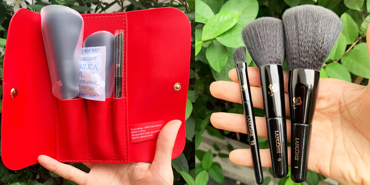 Lancome Classy Brush set (4pcs) เซ็ตแปรงแต่งหน้า 3 ชิ้น ขนแปรงเนียนนุ่มไม่บาดผิว มาพร้อมกระเป๋าหนังสีแดงสุดหรูหรา