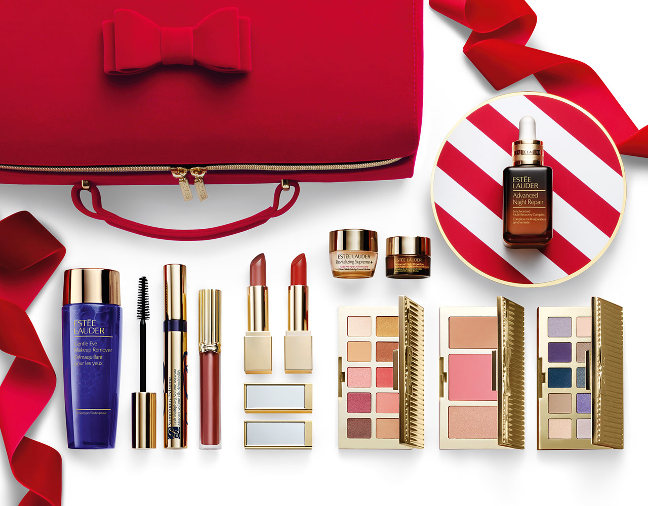 Estee Lauder Holiday Blockbuster 2020 USA Gift Set 11pcs.  ประกอบไปด้วย   - New Advanced Night Repair 30ml  - Pure Color Envy Eye Shadow Palettes in NUDES (10 shades) and GLAM (10 shades) —20 essential shades in all (total net wt. for each palette 3.7g)  - Pure Color Envy Cheek Palette in GLOW, with 3 essential shades: Bronze Goddess Shade Medium, 220 Pink Kiss and Modern Mercury (total wt. 8.7g)  - Sumptuous Extreme Mascara, 8ml  - Pure Color Envy Lipsticks 3.5 g #184 Knockout Nude   - Pure Color Envy Lipsticks 3.5 g #333 Persuasive  - Pure Color Envy Lip Gloss 2.7 ml #115 Flash Fire  - Advanced Night Repair Eye Supercharged Complex  5ml  - Revitalizing Supreme+ Creme 7ml  - Gentle Eye Makeup Remover 100ml  - Train Case